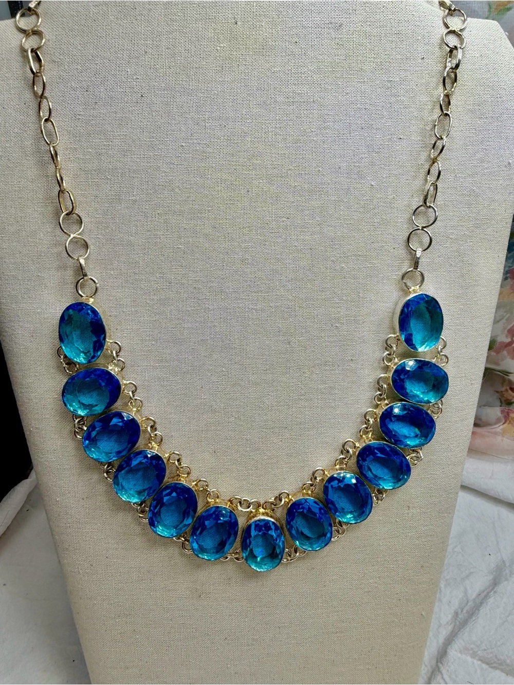 Sterling Silver Necklace with  Blue Art Glass Oval Stones #1STN